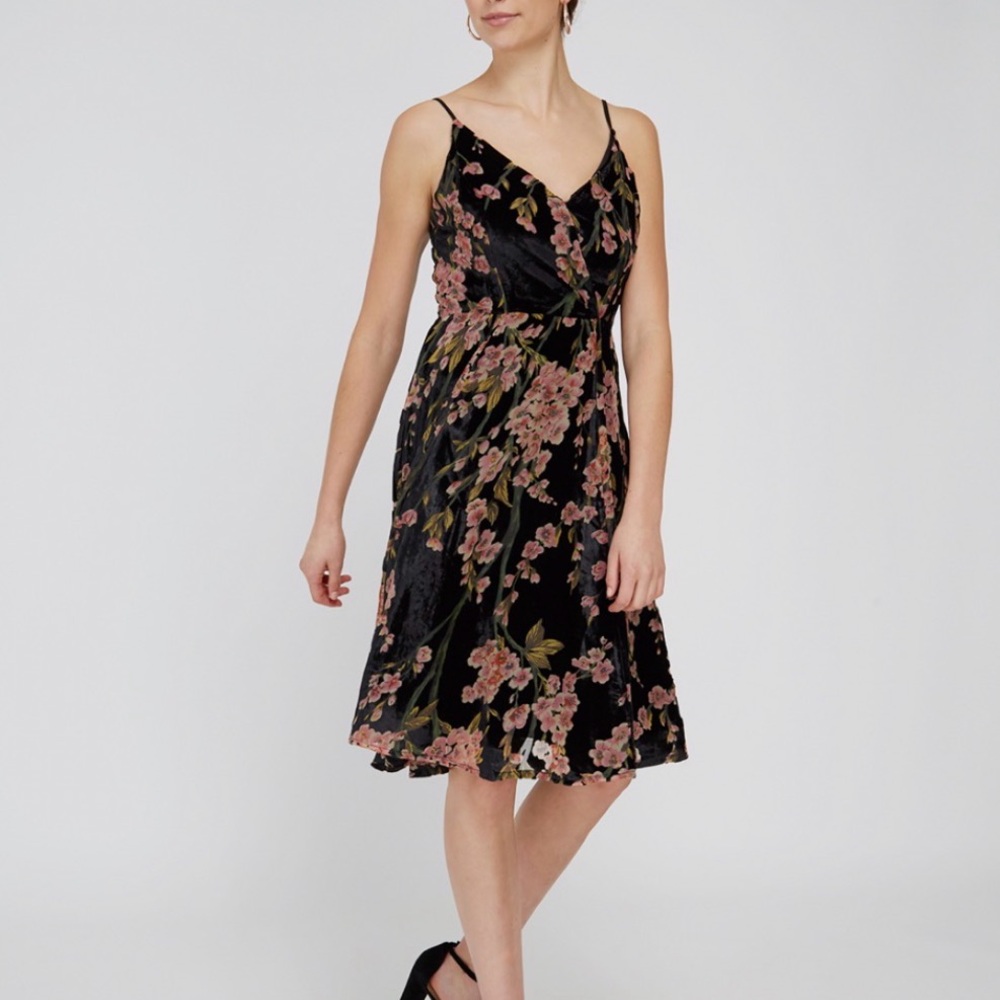 NEW! Dex Black Velvet Midi Dress with Pink Floral Burnout